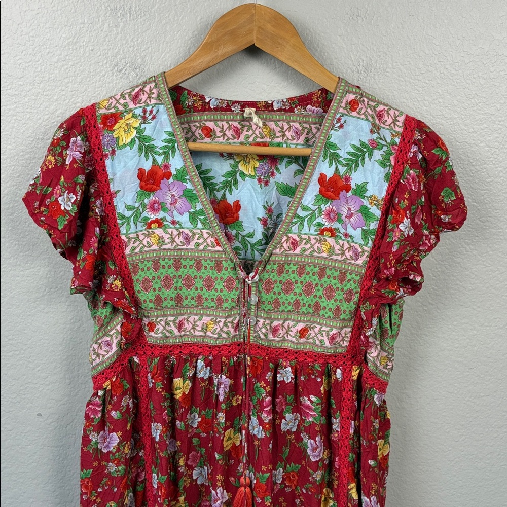 Tulle & Batiste Miriam Mini Dress Rococo Red Patchwork Floral Ruffle Midi M - Picture 5 of 9